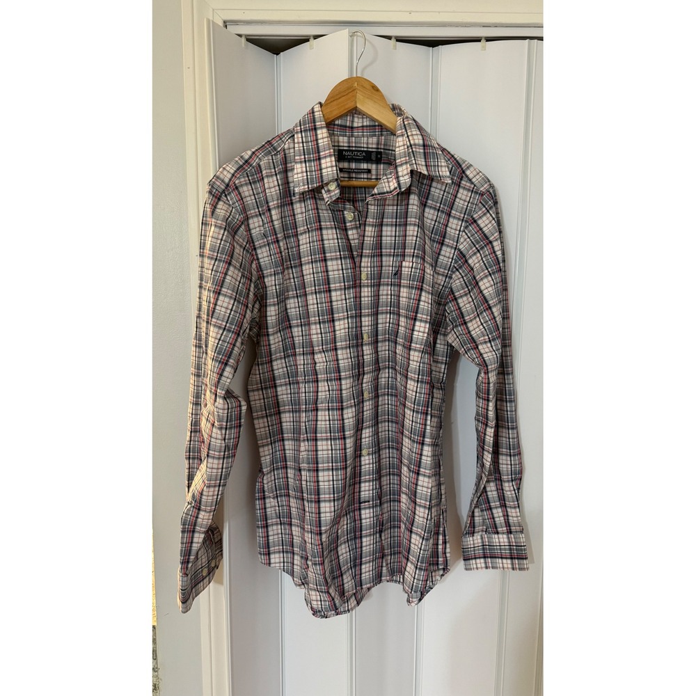 Nautica Mens Plaid Button Down Shirt Red White Blue Wrinkle Resistant